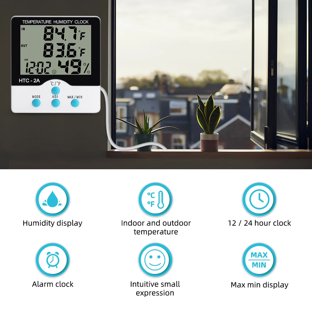 HTC-2A Digital Temperature Humidity Meter Alarm Clock Indoor Outdoor Thermometer Hygrometer Max Min Records for Greenhouse Room