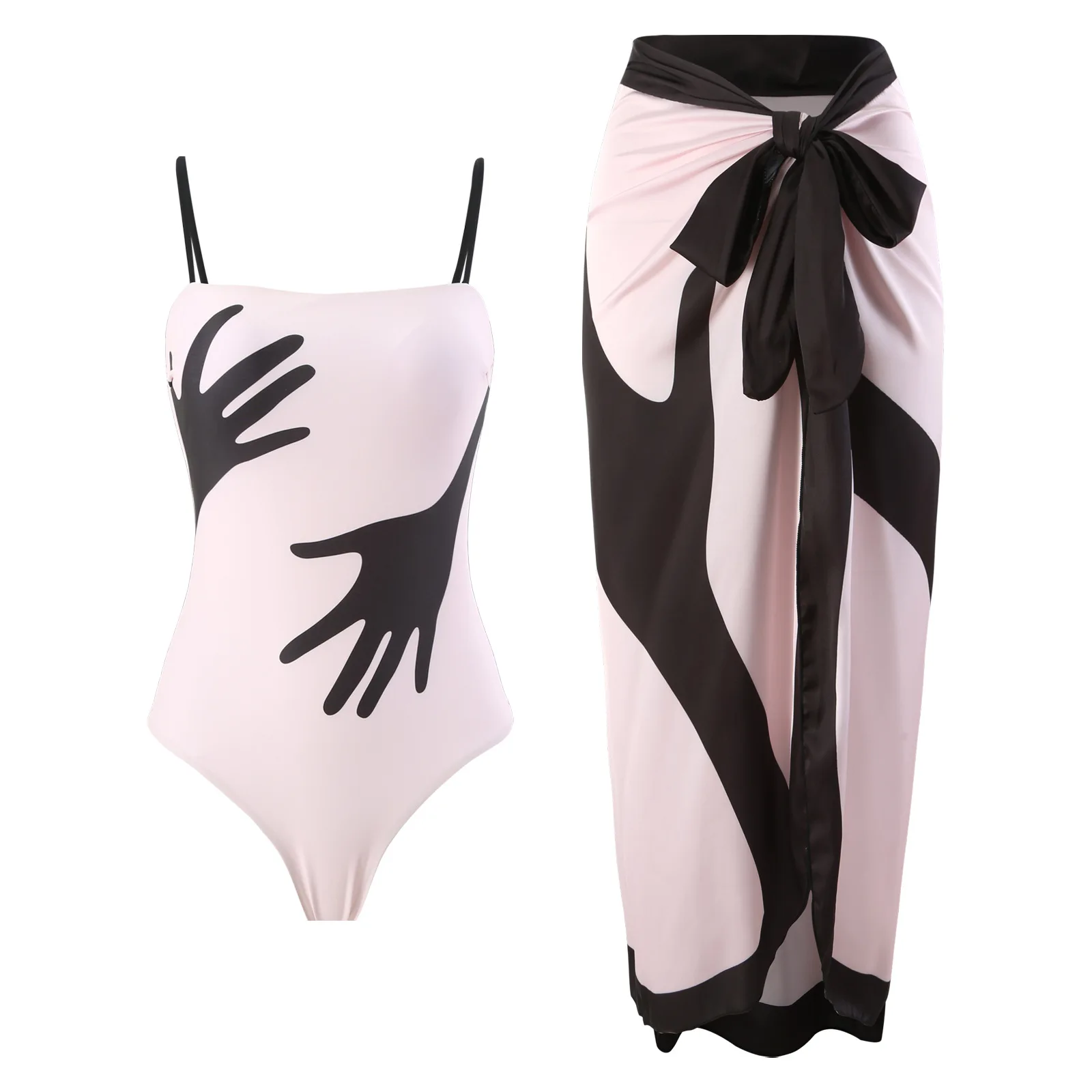 

2024 new sexy print one-piece halter halter bathing suit gauze skirt hot spring beach two-piece set