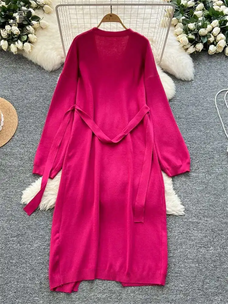 

BabYoung Winter Thick Suits Women Loose Long Outerwear+Sleeveless V Neck Knit High Quality Solid Casual Dress Set