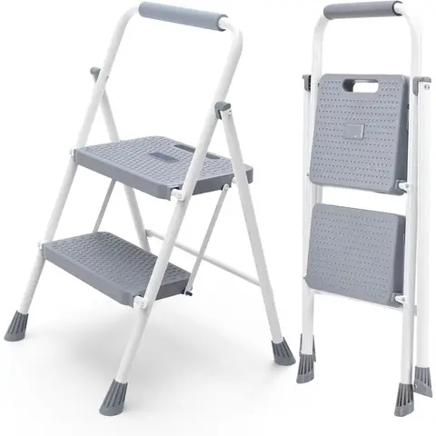 Foldable 2 Step Stool Ladder with Anti Slip Pedal Comfort Handrail 800lbs Capacity Steel Step Stool for Kitchen Garage