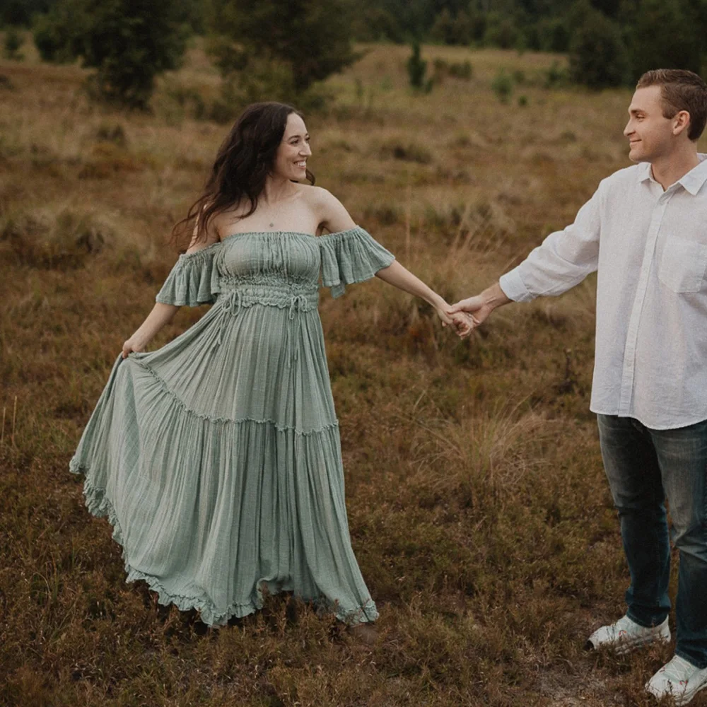 ﻿   البوهيمي صور اطلاق النار فستان الحمل مريح لينة الكتان القطن مجموعة للنساء الحوامل صور الأمومة فستان قطعتين