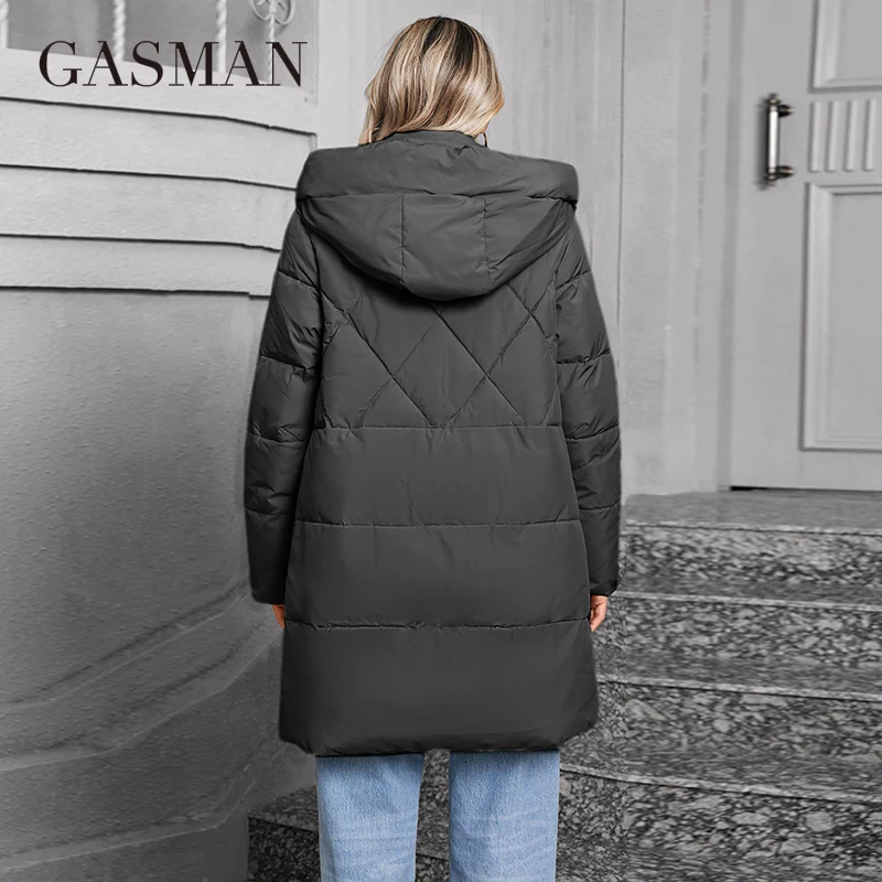 GASMAN 2024 Women Down Jacket Medium Classic zipper design Big Pocket Stand Collar Hooded Slim coat Women Parkas 83356