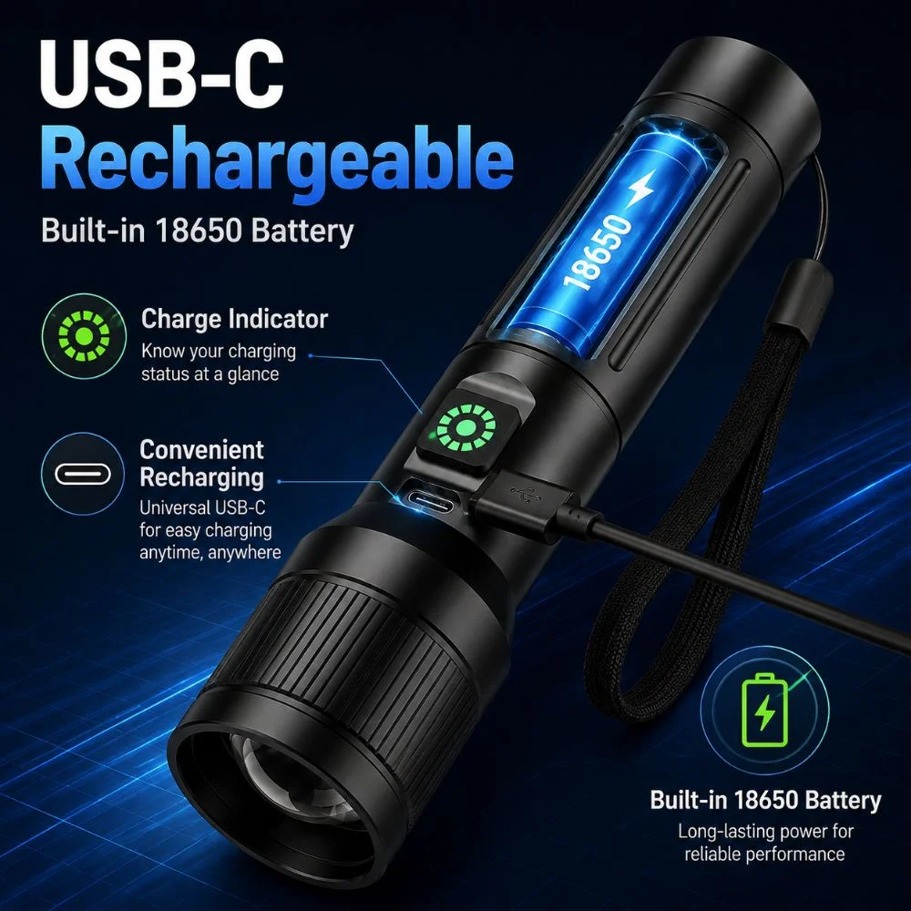 Rechargeable LED Flashlight Multiple Lighting Mode Adjustable Beam COB Side Light Waterproof Long Lasting Emergency Flashlight