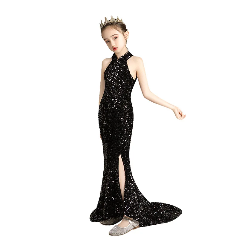 Preto elegante meninas vestidos de noite lantejoulas arrastando traje de formatura para crianças roupas menina festa baile vestido cocktail vestidos