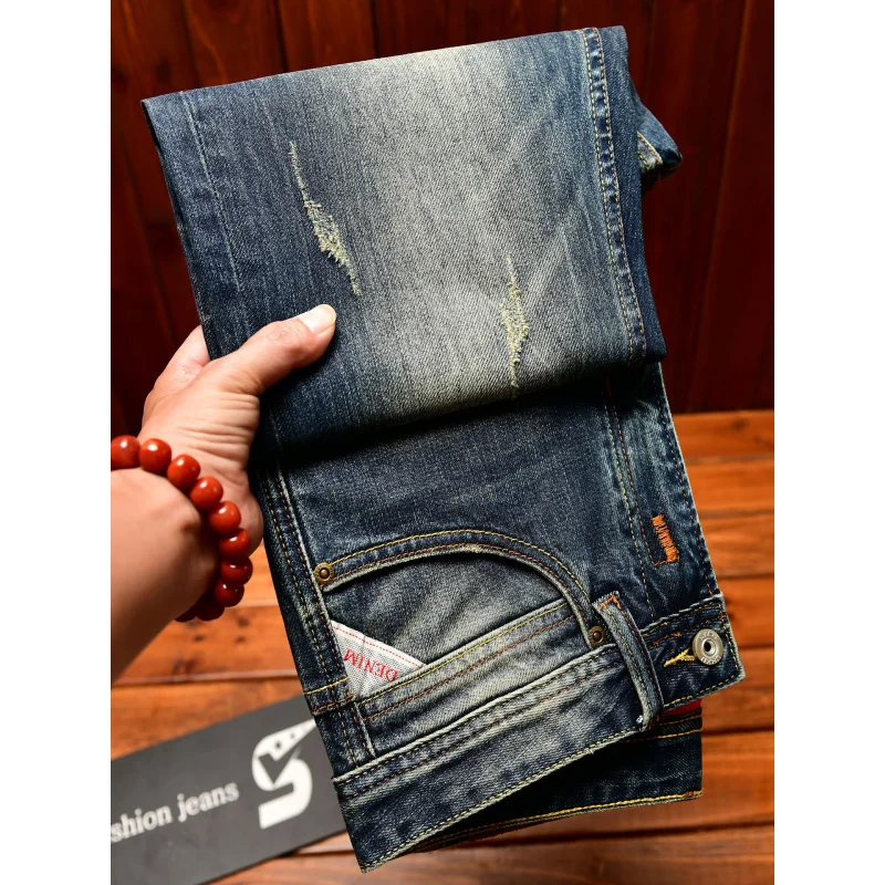 

Модные мужские джинсы 2025, новые облегающие эластичные ностальгические джинсовые повседневные трендовые корейские синие брюки в стиле ретро