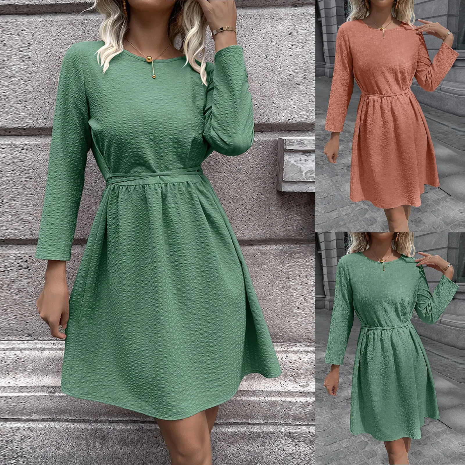 Vestido de algodón y lino de Color liso para mujer, vestidos casuales de otoño e invierno, cuello redondo, manga larga, cintura con cordones