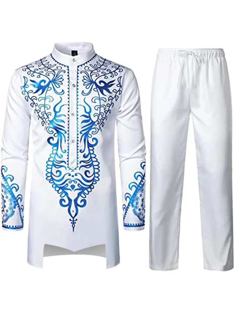 Robe musulmane jaune bleu marine pantalon à manches longues la robe traditionnelle des hommes arabes impression 3D motif noir blanc