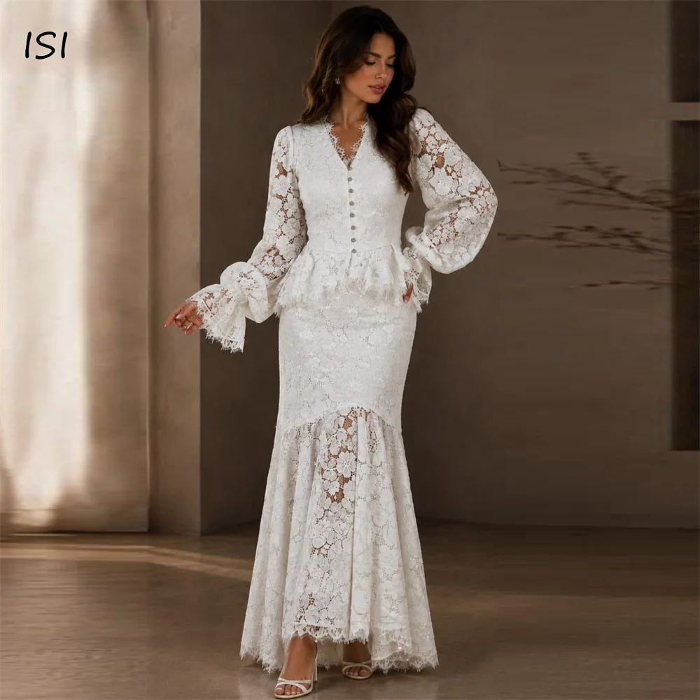 ISI Elegant Mermaid Bridal Gown For Bridal Lace Button Long Sleeves Ankle Length Pleat Wedding Party Dress Customized