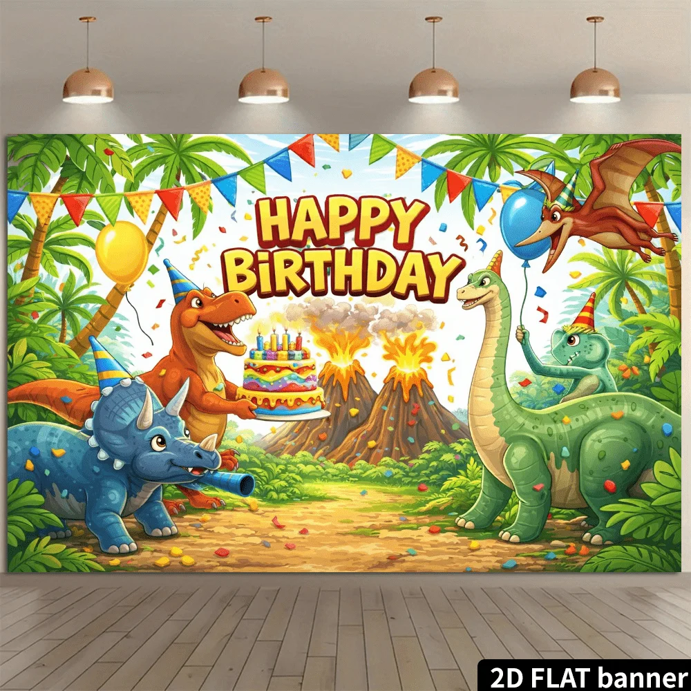 Fond de scène de fête d'anniversaire sur le thème des dinosaures, avec Tyrannosaurus rex, Triceratops, Brachiopterosaur et jungle volcanique