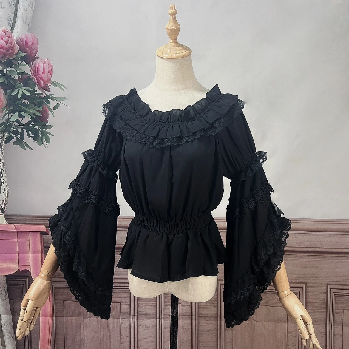 Vintage Lolita Shirts Women Kawaii Lace Ruffles O-Neck Flare Sleeve Chiffon Tops Girly Sweet Elegant Princess Blouses Victorian