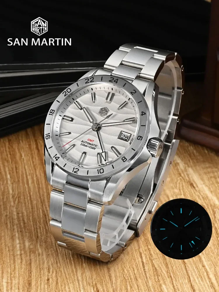 San Martin New 39mm Luxury Men\'s Business Dress GMT Watch NH34 Automatic Mechanical Date Windows Waterproof 100m Luminous SN0129