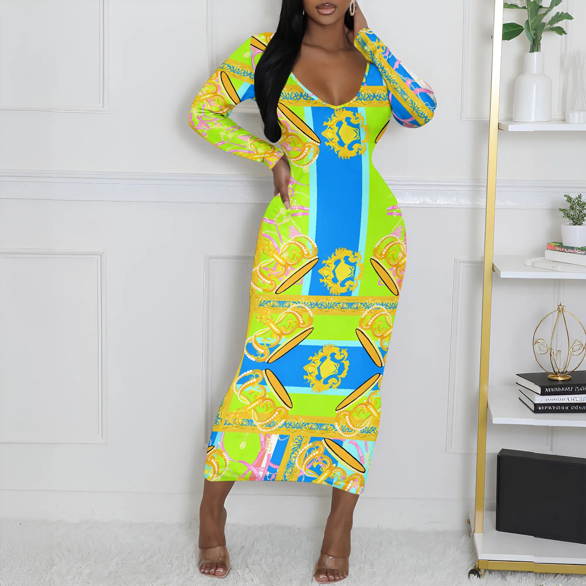 

Women's A utumn Long- Sleeved 3D Printed Geometric Printed Striped Sexy Long- Sleeved Dress