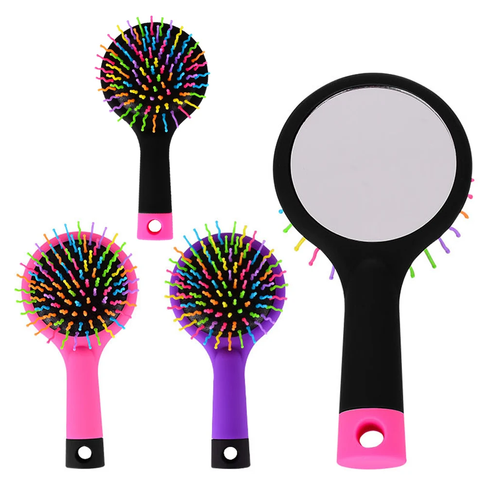 Rainbow Air Volume Paddle Hair Comb Brush with Makeup Mirror  Detangler Hair Curl Straight Massage Comb Brush Hair Styling Tool