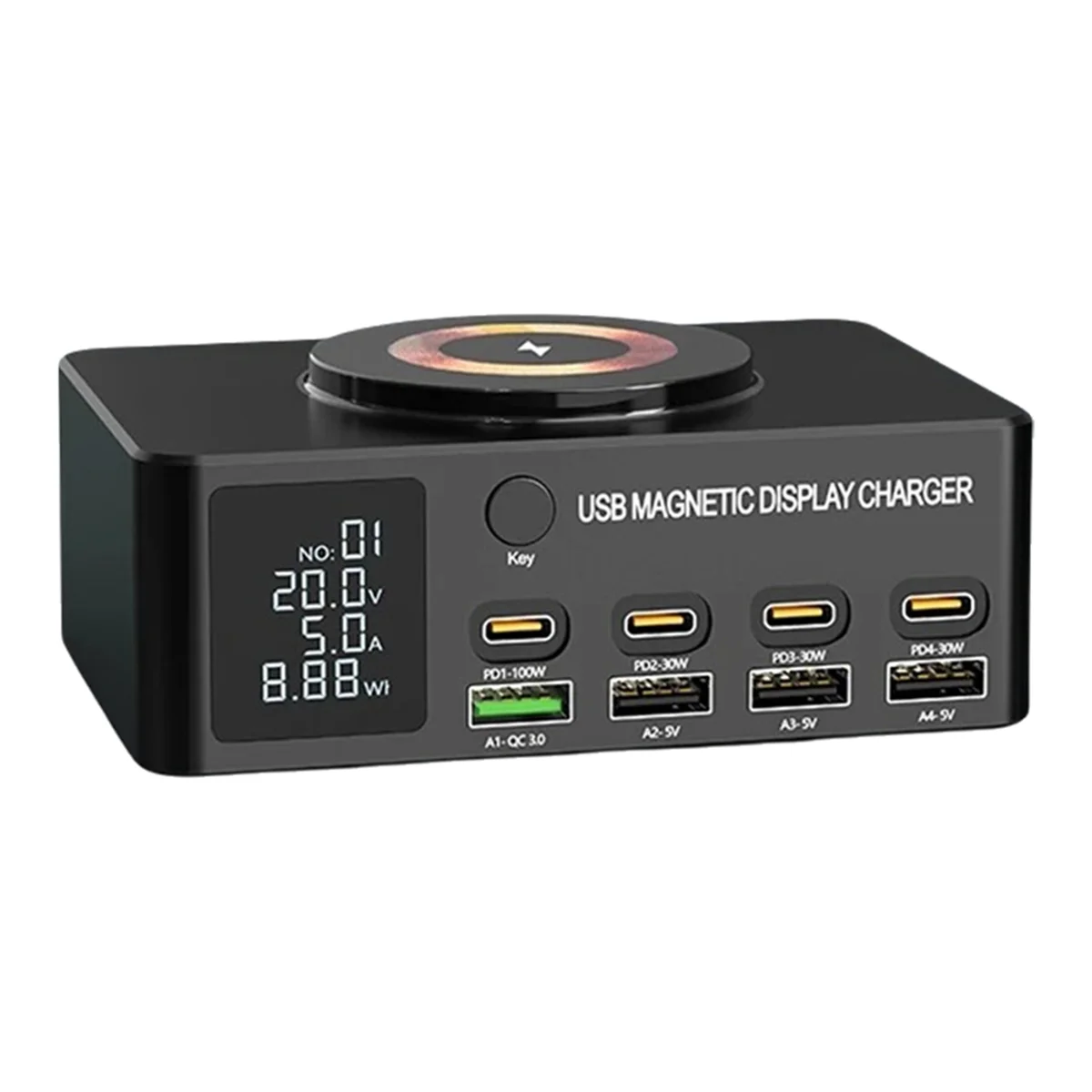 A77K 140W 8 Port USB Charger with 15W Magnetic Wireless Charging PD 100W QC 3.0 Charging Station for Laptop Phone US Plug