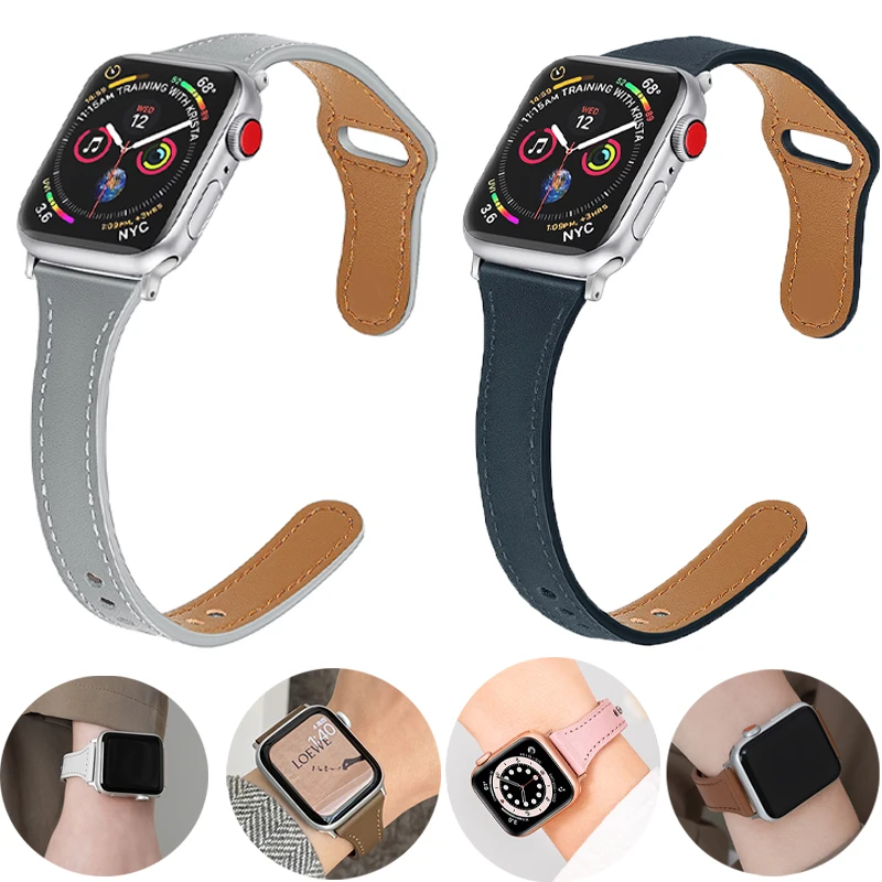 

Slim Genuine Leather strap For apple watch band 6 se 5 4 3 woman Belt bracelet correa iwatch serie band 44mm 42mm 40mm 38mm band