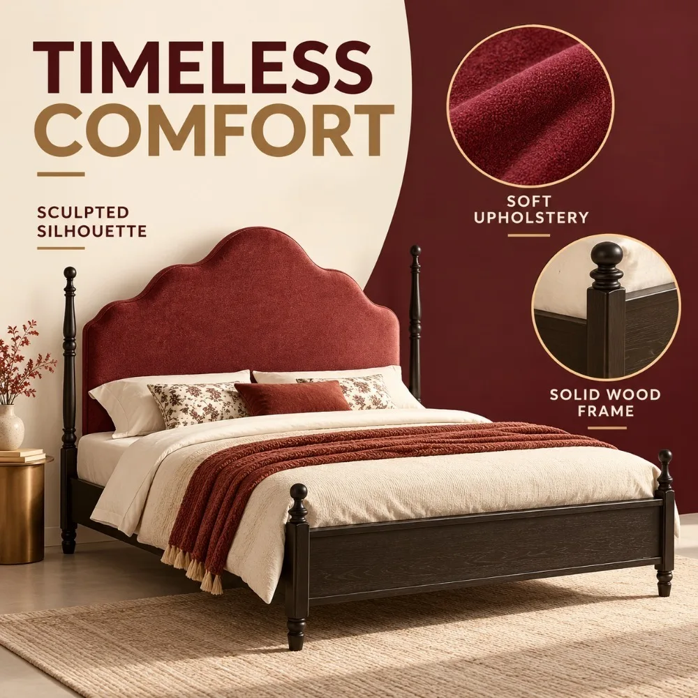 Mid-Century Style Creative Bed Frame American Minimalist Roman Column Wooden Upholstered High-Back Bed Bedroom Furniture FYBB