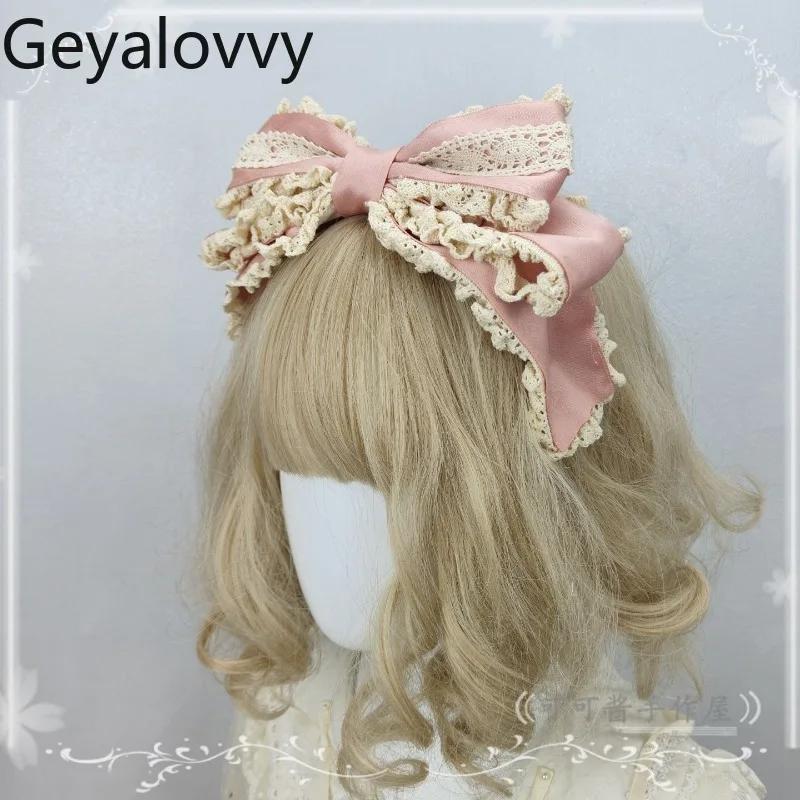 

Lolita Sweet Cute Girls Versatile Big Bow Headband Japanese Style Lace Headwear Color Block Kawaii Cosplay Hair Accessories