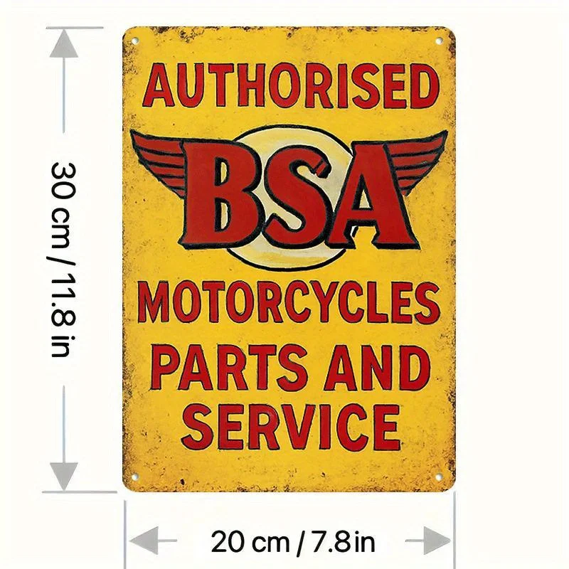 Vintage BSA Motorcycle Parts & Service Metal Sign - Retro Garage Decor with BSA Logo - Heavy-Duty Iron Construction - Garage,