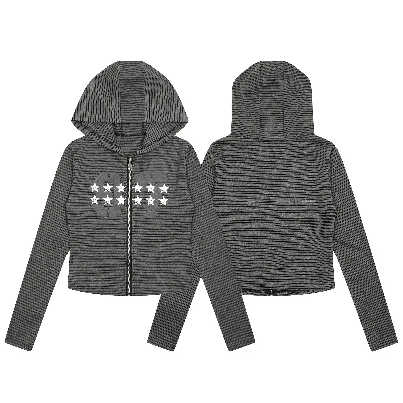 Unique Design Star Print Striped Sweatshirt Women's Clothes Autumn Slim Fit Versatile Zipper Short Long-sleeves Jacket Outerwear
