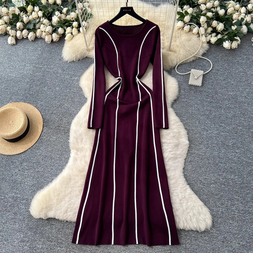 YuooMuoo Dresses 2025 Woman French Style Luxury Patchwork Knitted One Piece Dress Autumn Winter Lady Long Sleeve Maxi Dress