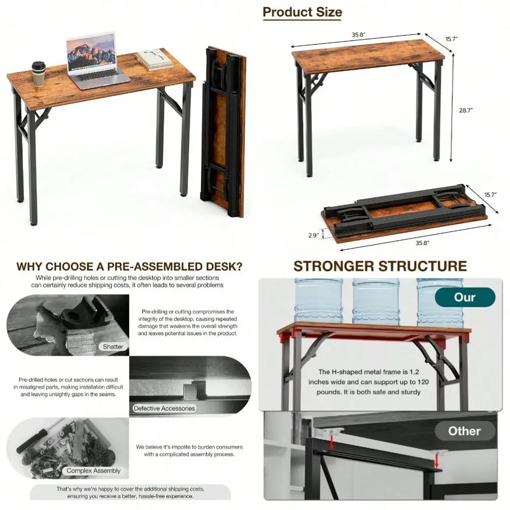 Computer Desk Folding Table 35.8 Foldable Office Desk, No Assembly, Perfect For Small Spaces In Bedroom, Dorm, Or Apartment, Po