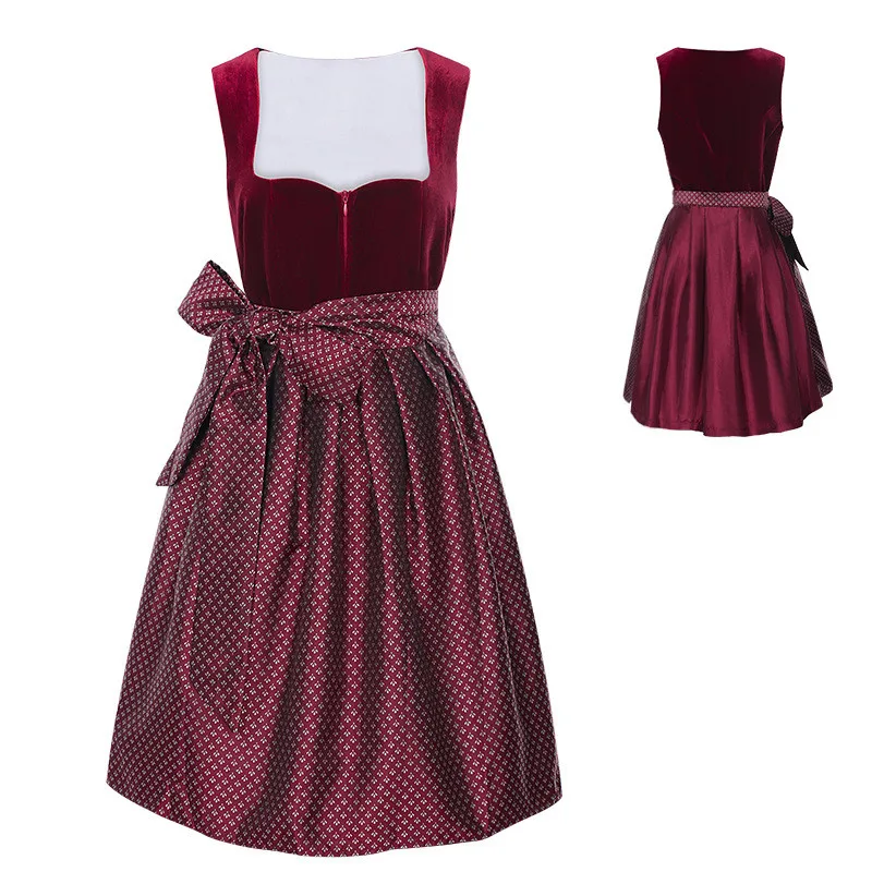 

Women Midi Red Costume Dress Oktoberfest Beer Maid Women Dirndl Dress with Lace Apron Fashion Halloween