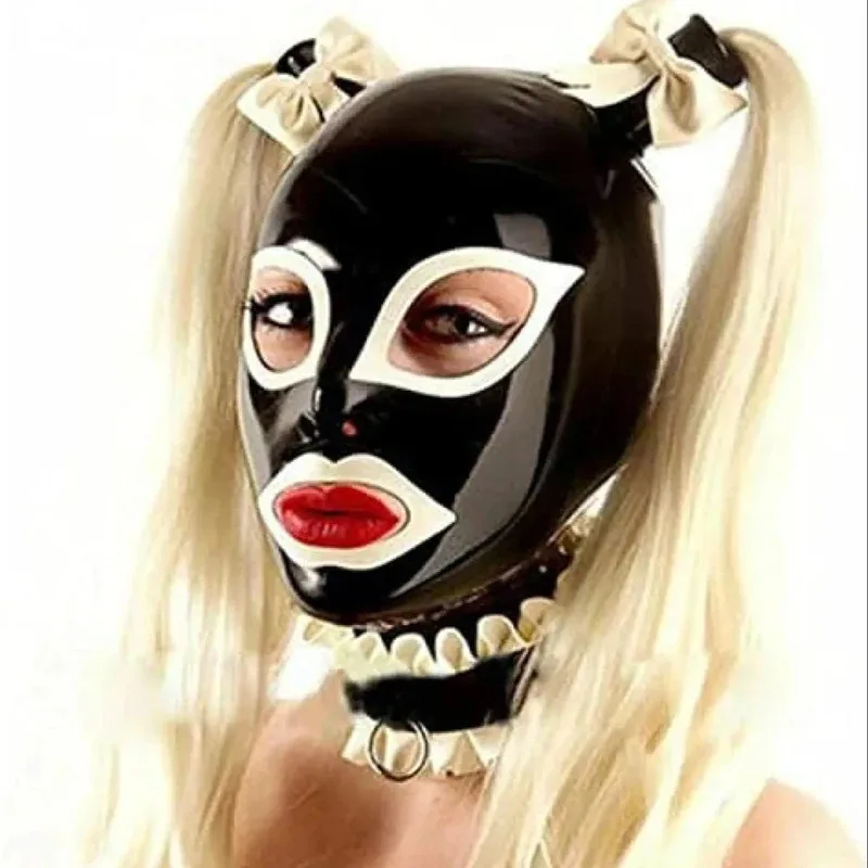 

Latex Hood Removable Collar,Double Blond Ponytail Wigs Bowknots Back Zipper Rubber Mask with Golden Pigtail cm;5