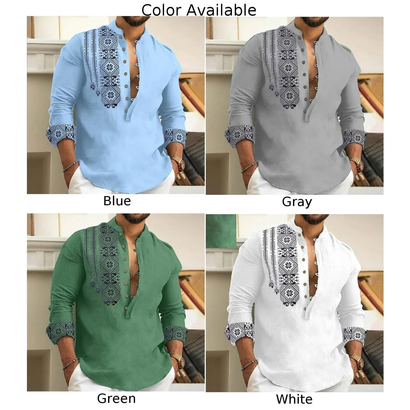 Men Long Sleeve Button-Down Shirt Blouse Loose Henley V-Neck Beach Tops T Shirts