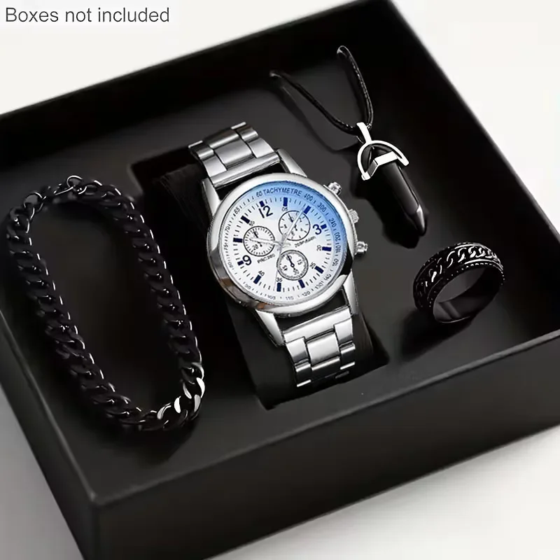 Men 4Pcs Watch Jewelry Set Geneva Roman Dial Wristwatch Bracelet Necklace Ring Relojes Hombre Boxes Not Included