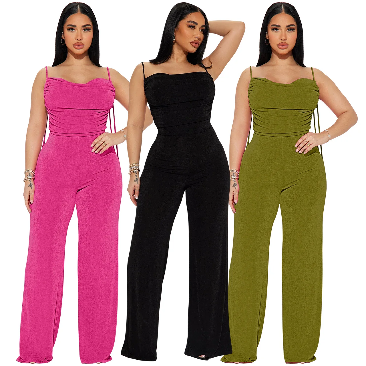 European and American women's new spring and summer low-cut pleated strappy sexy jumpsuits jump suits for women  jumpsuits