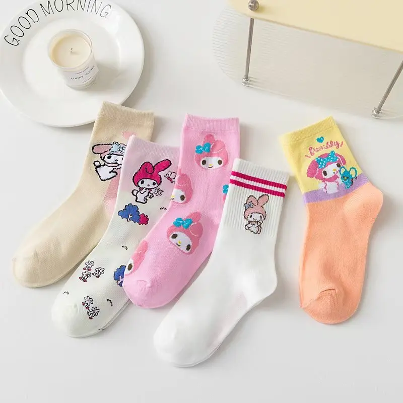 5 Pairs Sanrio Female Cotton Socks Cartoon Cinnamoroll My Melody Kuromi Girls Socks Student Mid-tube Non-slip Socks Girl Gift