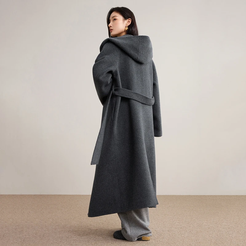 SENTUBILA Women 100% Wool Long Coat 2026 Winter Hooded Bathrobe Style Double Faced Wool Warm Dropped Shoulder Overcoat W54OC2736