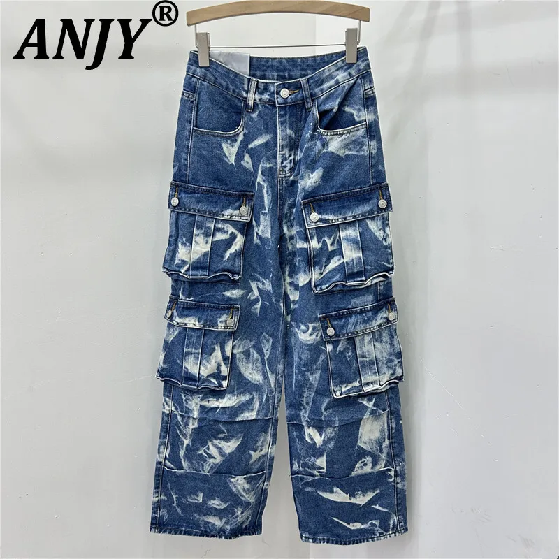 

ANJY Autumn New Women Chic Cargo Jeans Multi-Pocket Distressed Washed Denim Vintage Punk Safari Style Streetwear Ins Pants A9971