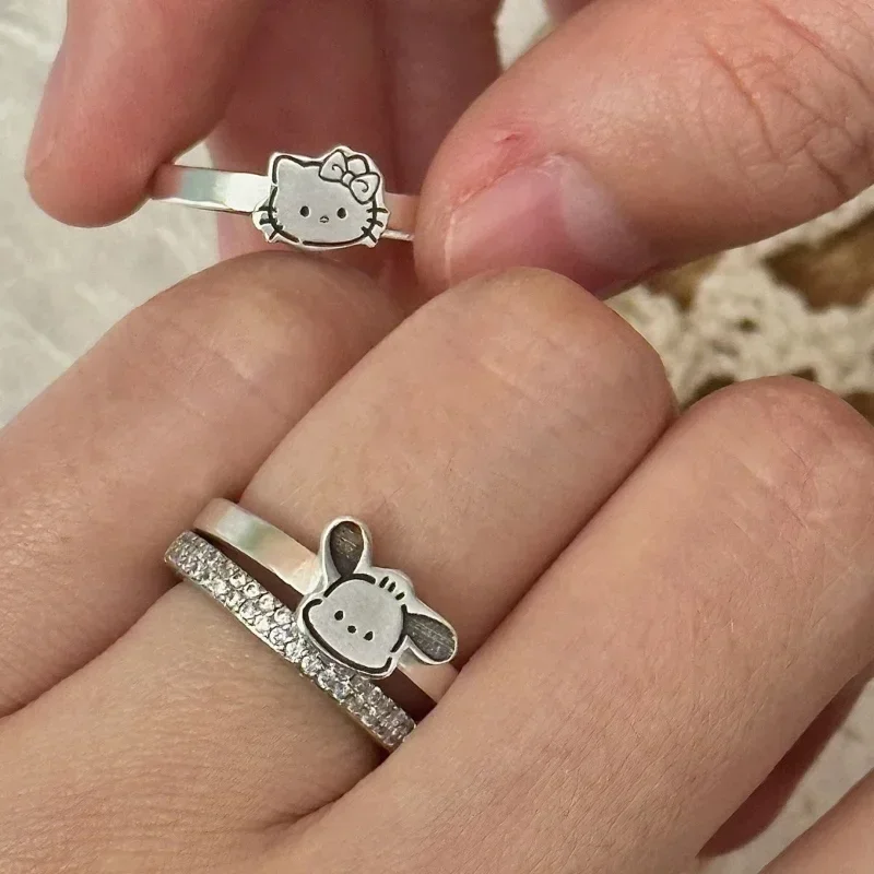 Sanrio Cartoon Ring Girls adjustable finger ring Hello Kitty Anime jewelry Silver ring student Day gift