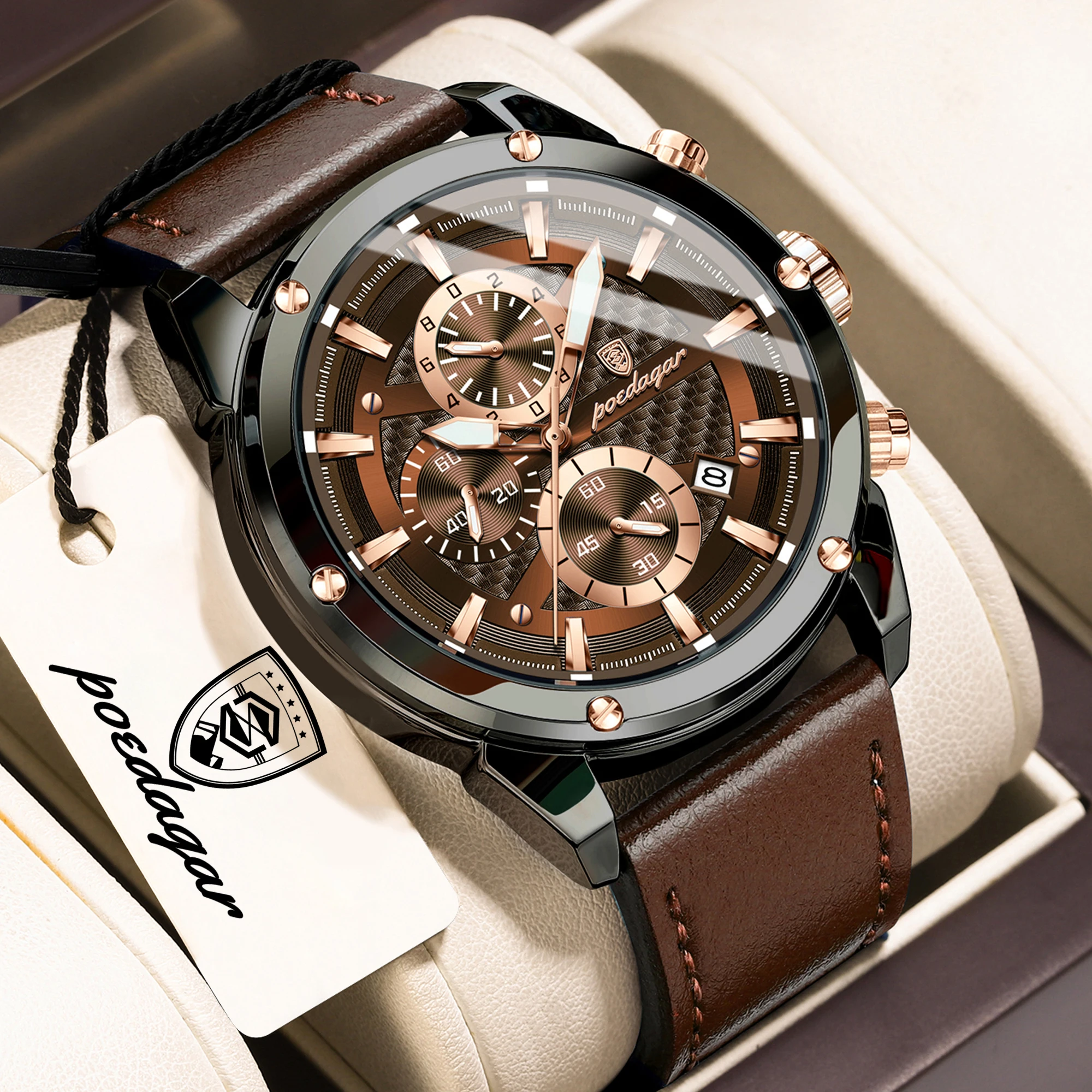 Montre homme POEDAGAR de haute qualité, quartz, étanche, chronographe lumineux, date, bracelet en cuir, montre de luxe pour homme, montre de business.