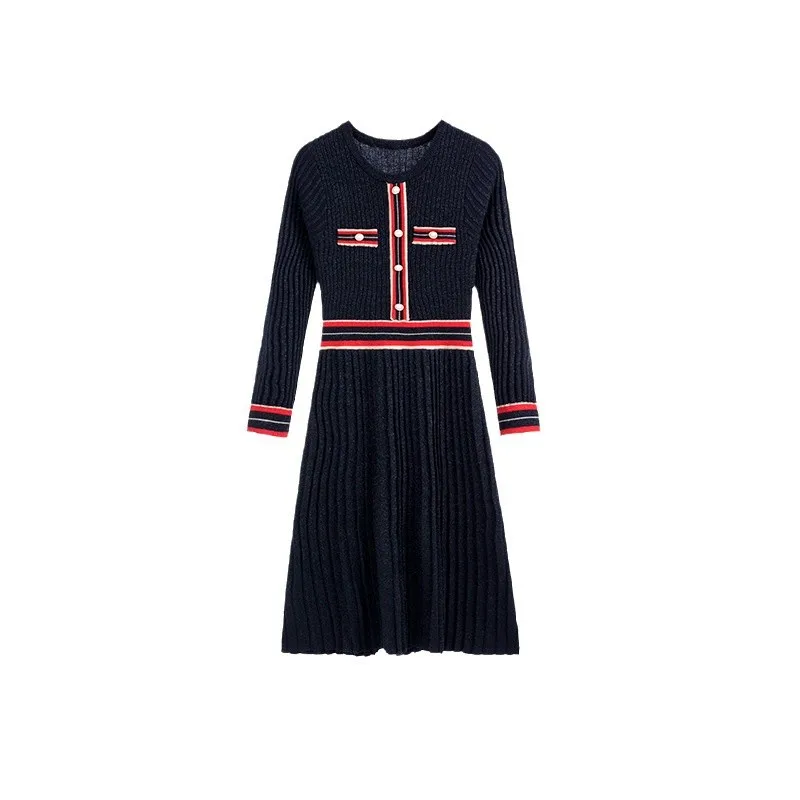 Abito lavorato a maglia pullover con scollo a O da donna elegante francese Autunno New Fashion Patchwork a vita alta Slim Midi Party Vestido