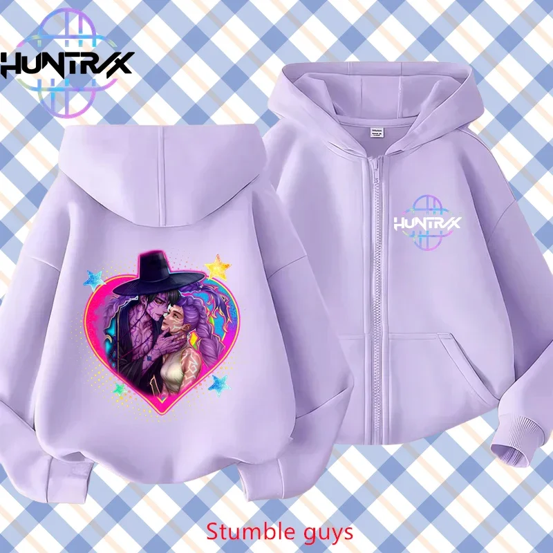 

2026 New Kpop Demon Hunters Kids Purple Zip Hoodie Spring Autumn Stylish Boys Girls Casual Match Pants