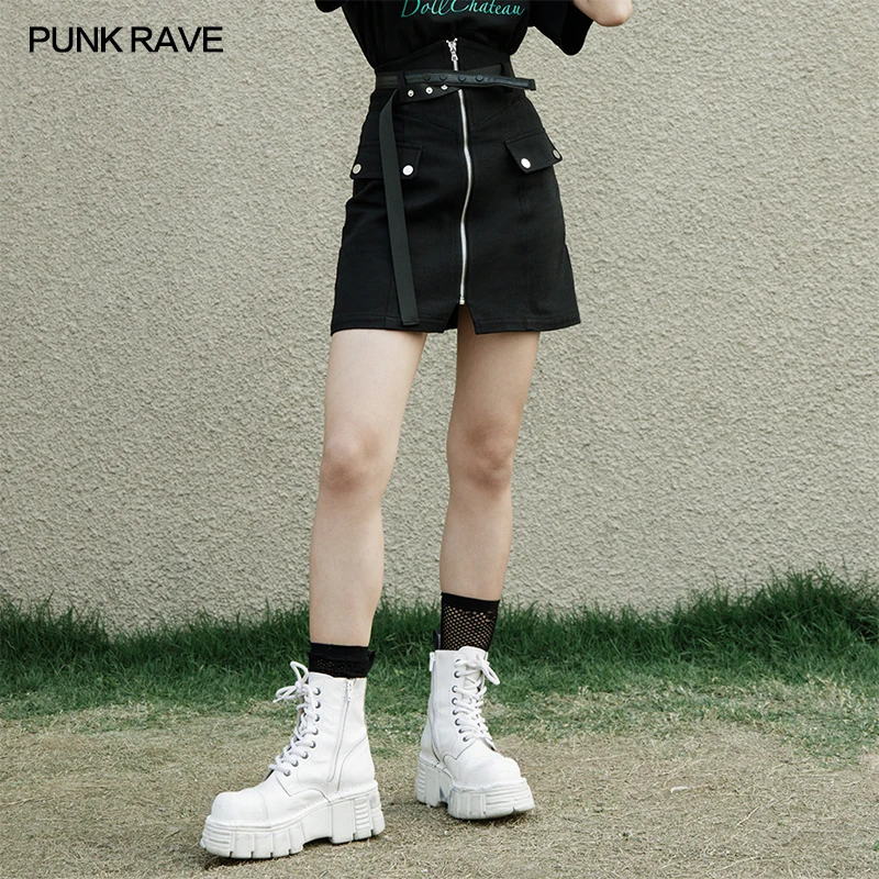 

PUNK RAVE Women High Waist Straight Denim Skirt Irregular Playful Cute Youth Small A-Line Black Half Skirts