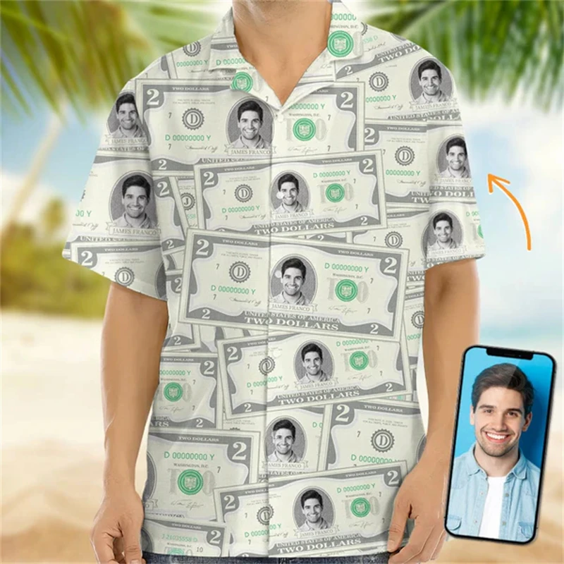 Hawaiian Shirts Custom Face 3d Diy Dollar Print Buttons Shirt Short Sleeve Sleeve Hawaii Designer Shirts Man Clothing New Blouse