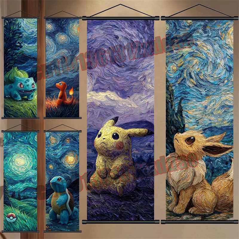 

Anime Pokémon Squirtle Eevee Pikachu Charmer Poké Ball Bulbasaur Scroll Drawing Starry Sky Style Poster Children's Holiday Gift