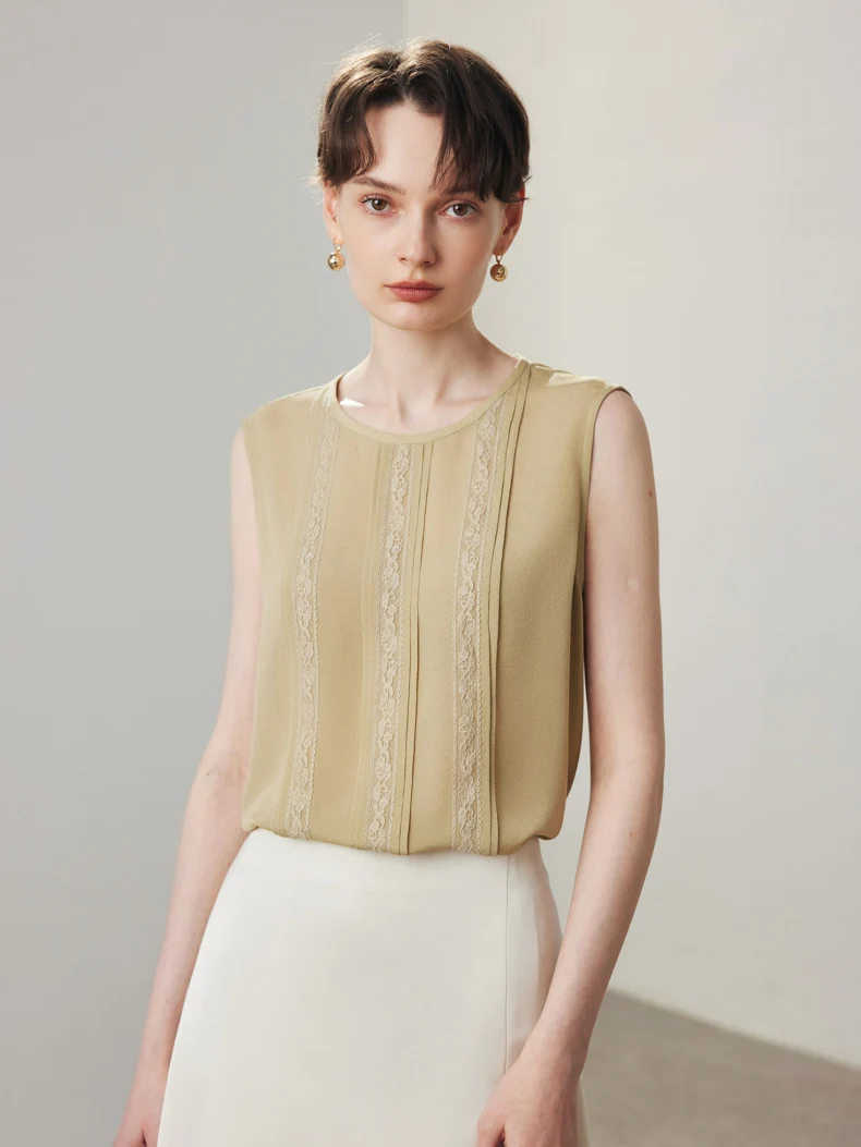 SuyaDream, Women Solid Blouses, 100%Real Silk, Round Collar, Sleeveless Chic Shirts, 2024 Spring Summer Elegant Tanks