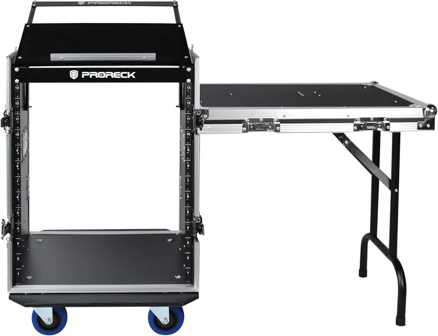 PRORECK 14U Rack/Road Case With Slant Mixer Top, One Side table And Casters, 20'' Rackable Depth, Plywood, 14U Installation Size
