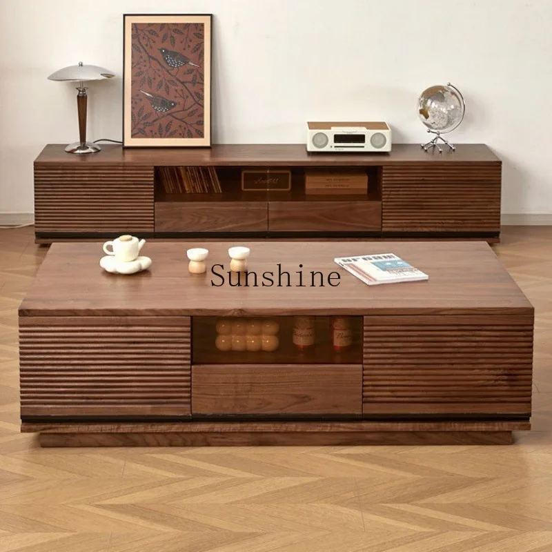 

Walnut coffee table TV cabinet combination simple drawer square table