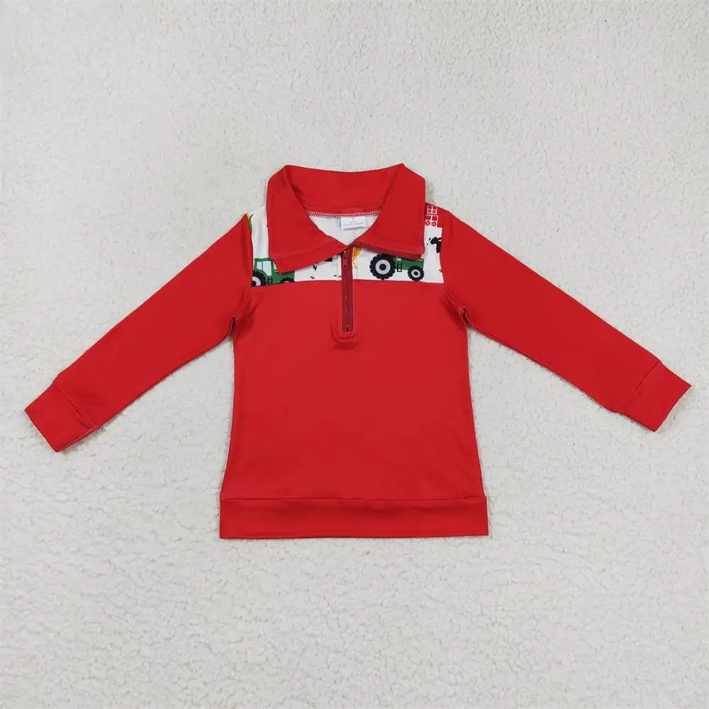 

Wholesale Baby Boy Cow Cactus Tee Lapel Zipper Children Tops Toddler Farm Pullover Long Sleeves Tractor Cow Chicken Red Shirt