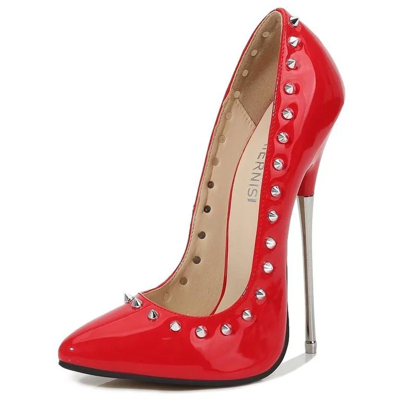 

Женские туфли на очень высокой металлической шпильке с заклепками, туфли-лодочки с острым носком для ночного клуба, вечерней вечеринки, банкета, подиума, переодевания