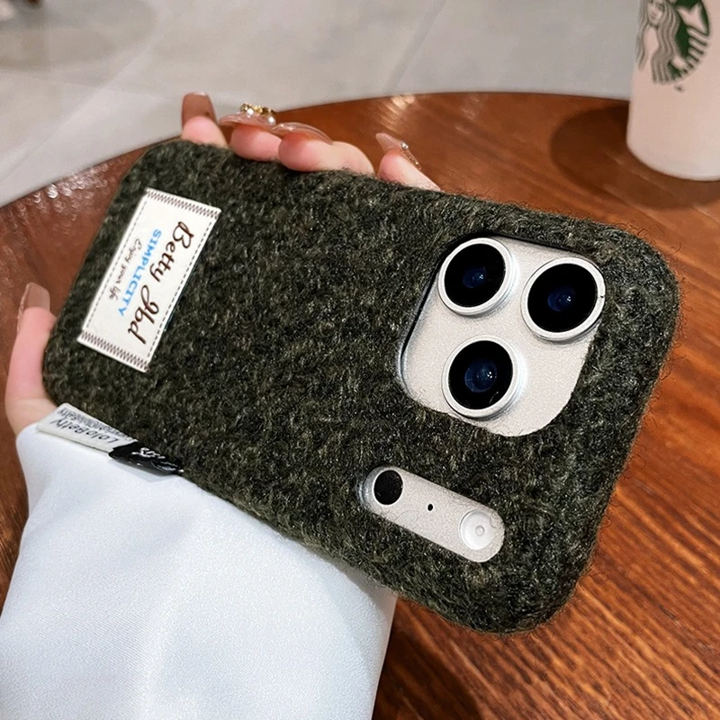 Winter Warm Cute Sweet Plush Knit Phone Case For iPhone 17 16 15 14 13 Pro Max Label Retro Art Flannel Lovely Girls Cover Gift - náhled 5