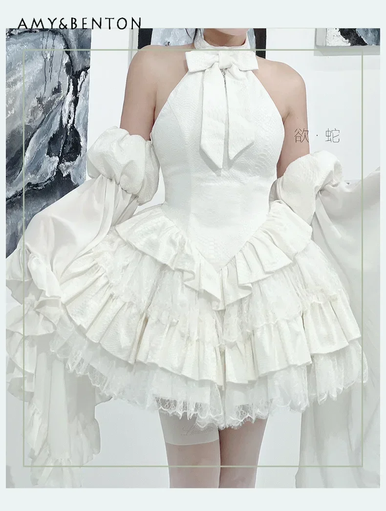 High-End Exquisite Sweet Bow Lolita Dresses Gothic Off Shoulder Halterneck Slim Mini Dress Subculture Y2K Sexy Dress Spring New