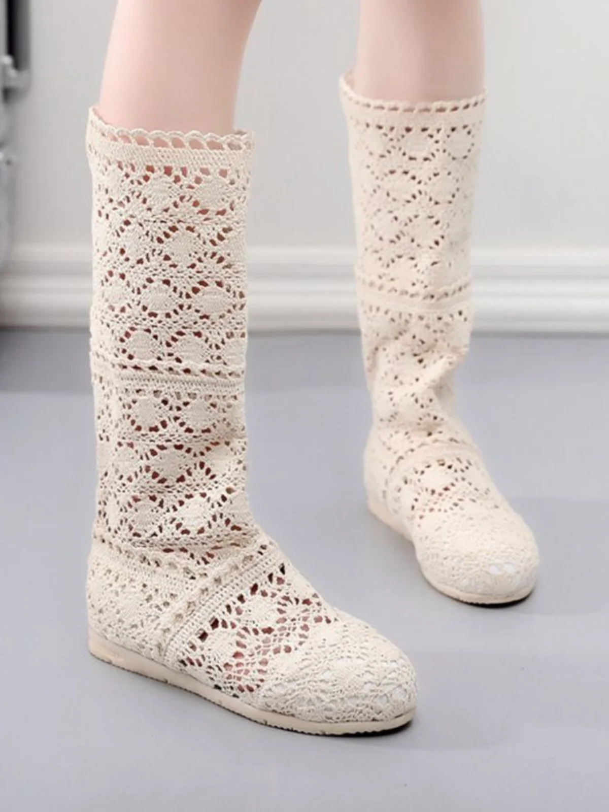 

Весна 2024, женские корейские повседневные дышащие вязаные высокие ботинки на плоской подошве, модные универсальные ботинки