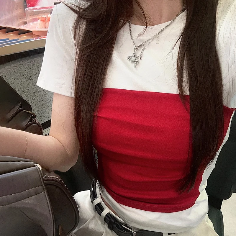 الأمريكية الرجعية التباين اللون جولة الرقبة قصيرة الأكمام ضئيلة تي شيرت الصيف المرأة المحاصيل الأعلى