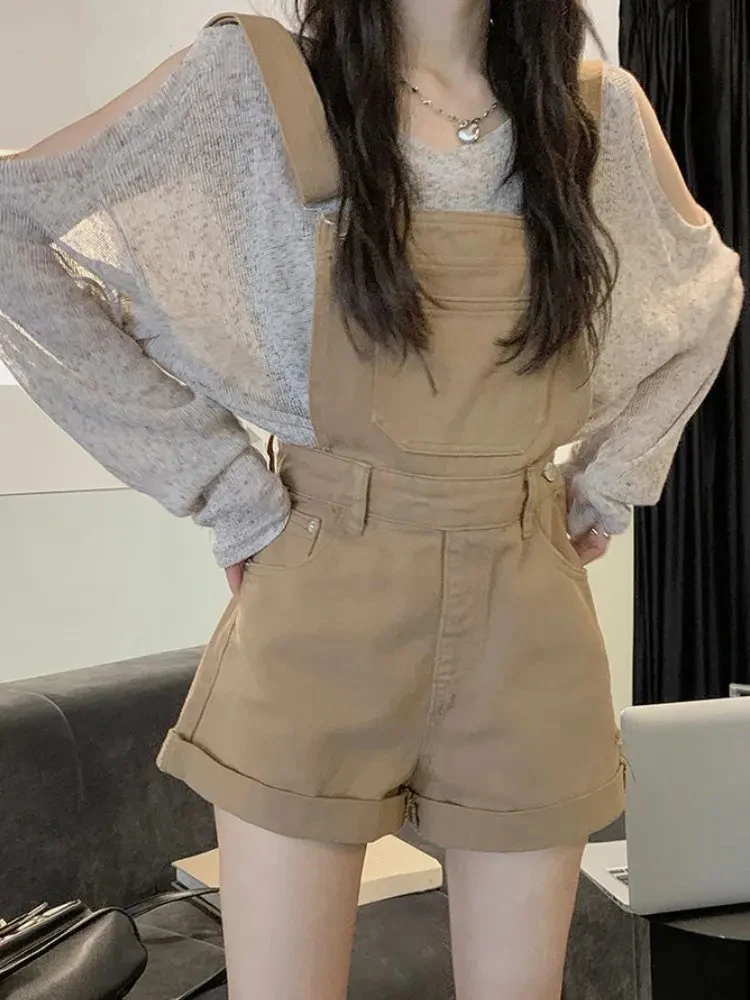 

Sweet Preppy Denim Rompers 2 Piece Set Women Fashion Hollow Out Long Sleeve Tops Loose Lazy Style All Match Jeans Bib Shorts